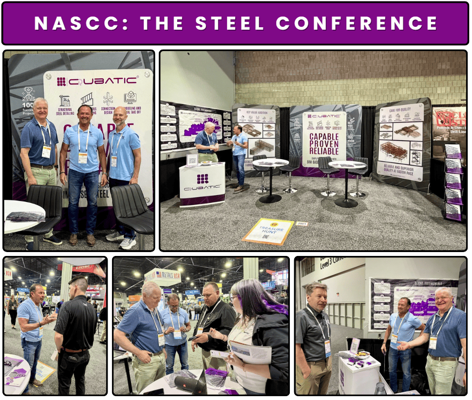 Booth visitors exploring the Qubatic booth at a steel detailing industry event, learning about Qubatic’s structural steel detailing, connection design, 3D modeling, and material takeoff services.